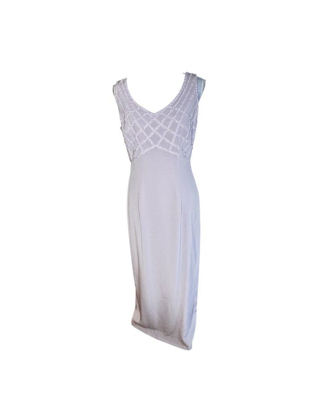 Y2K Beaded V-Neck Sleeveless Midi Dress Light Taupe Elegant Formalwear